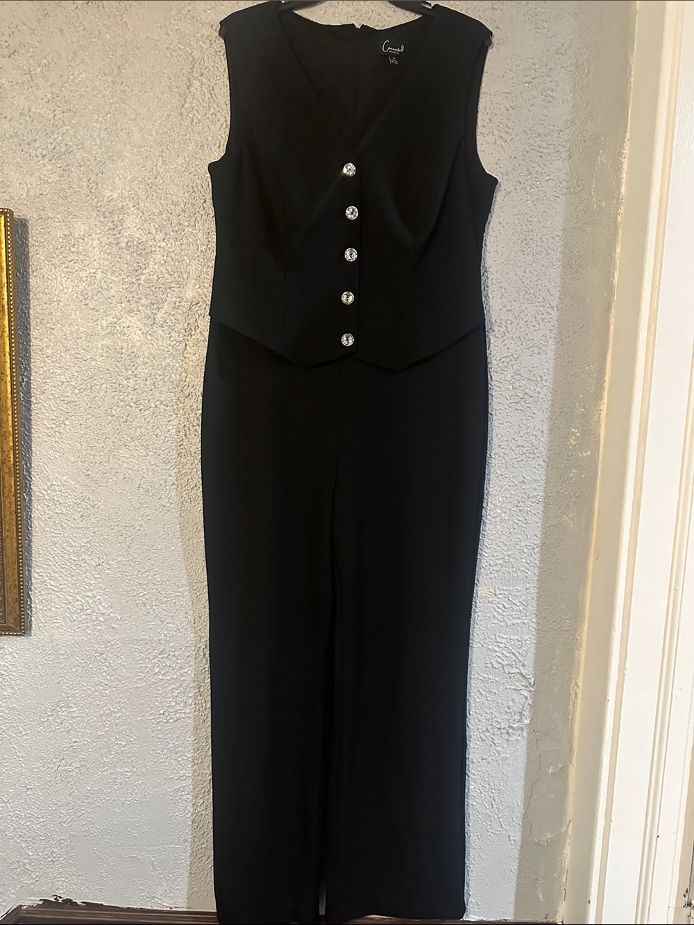 connected apparel Black Sleeveless Button-Front Jumpsuit with Crystal Buttons